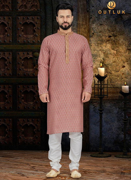 Peach Colour Outluk Vol 42 Traditional Wear Long Kurta Pure Cotton With Digital Print Kurta Pajama Mens Collection 42001